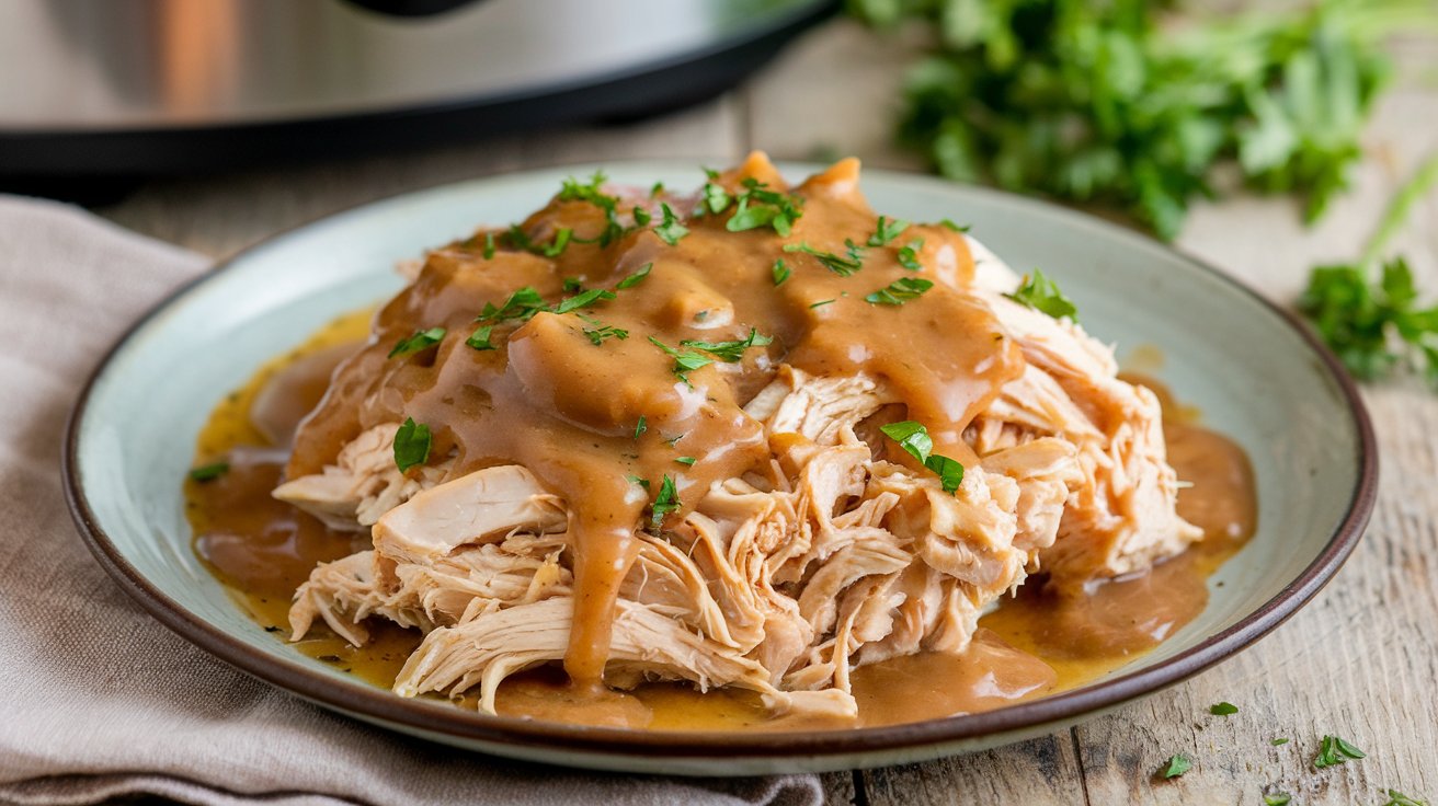 Shredded crockpot chicken with savory gravy, garnished with parsley and served with mashed potatoes on a rustic plate.