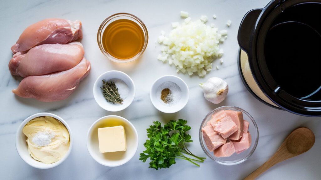 Ingredients for crockpot chicken, including chicken breasts, broth, garlic, cream of chicken soup, butter, and seasonings, arranged on a white marble surface