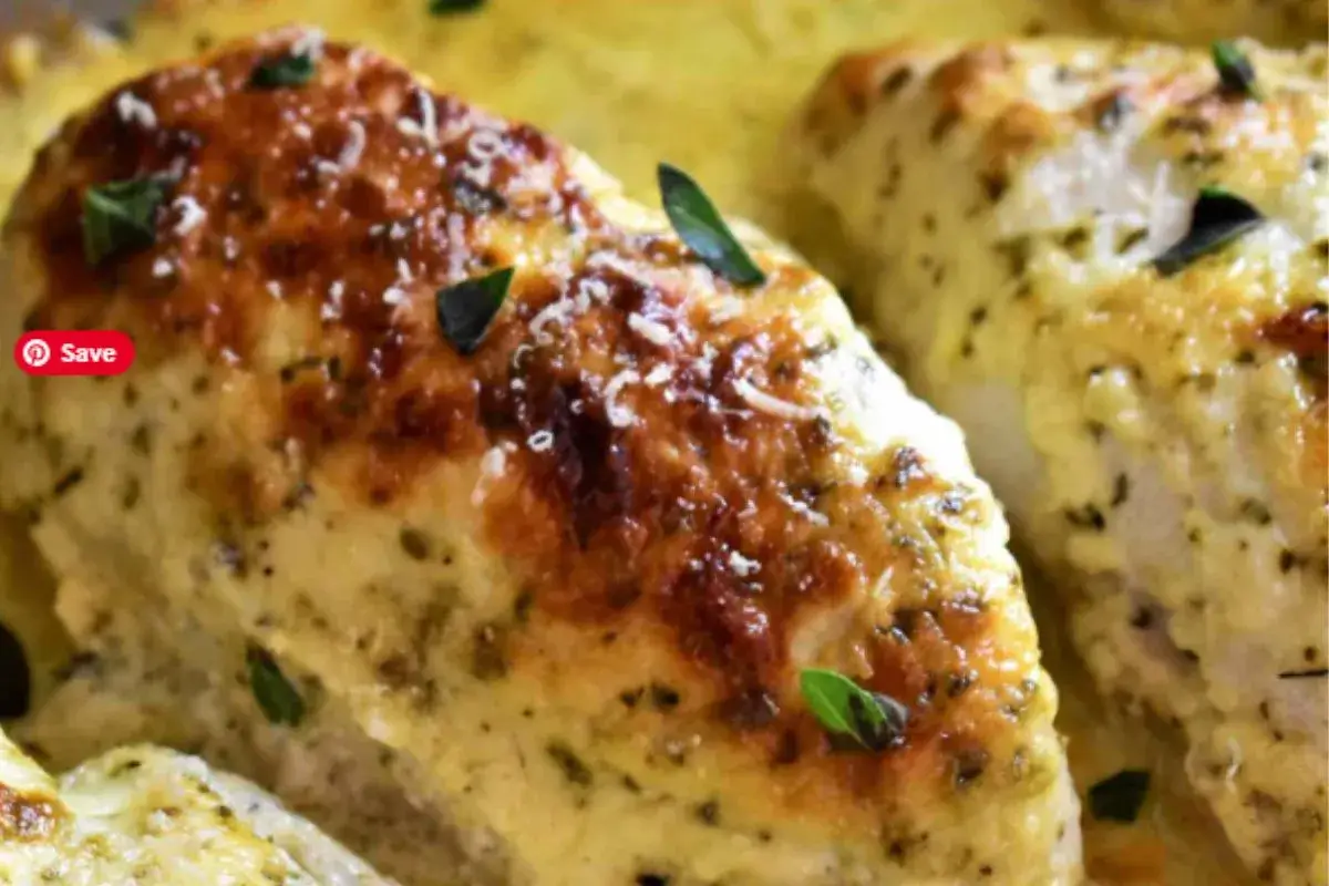 Forgotten Chicken creamy baked chicken and rice casserole in a baking dish