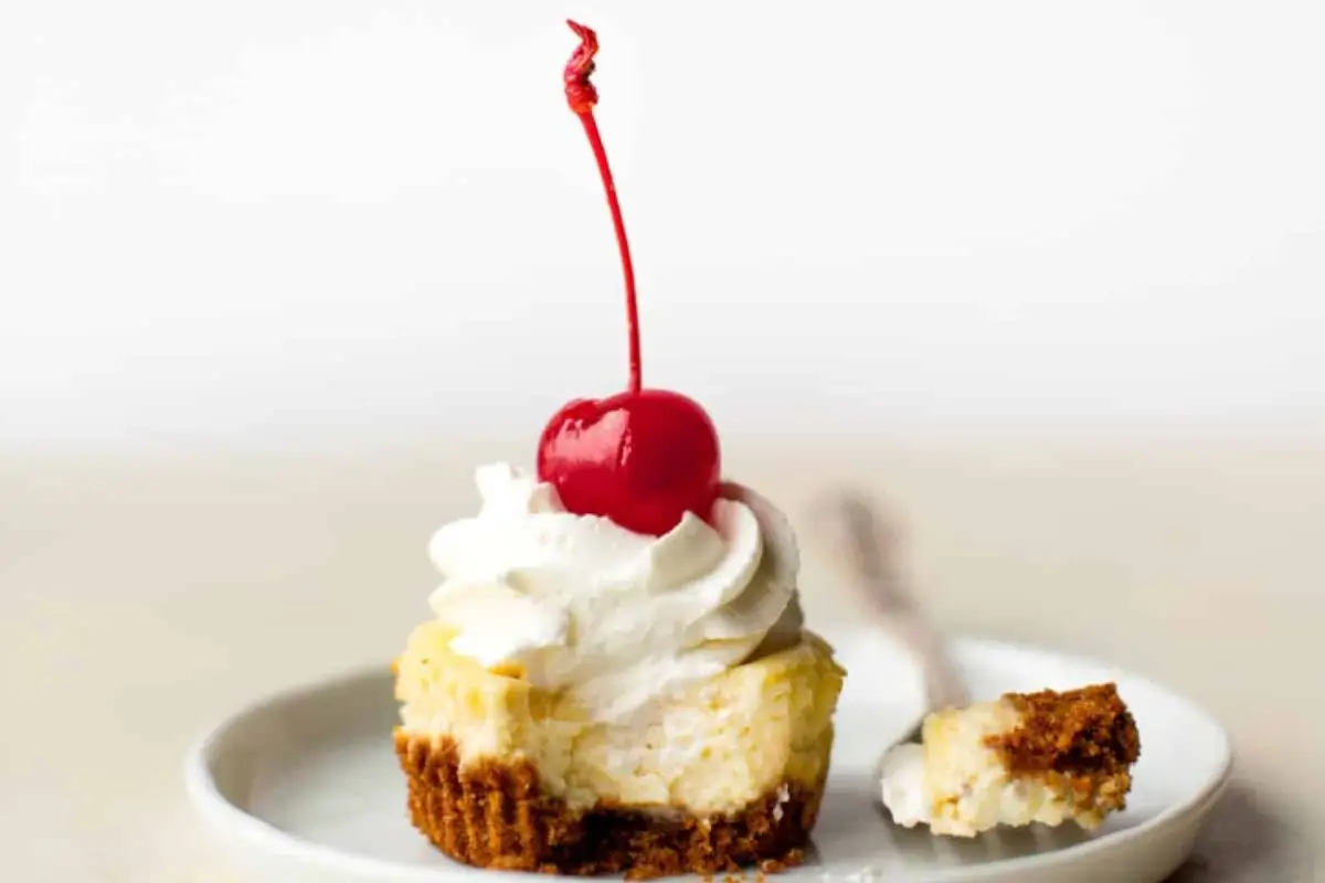 A batch of classic mini cheesecakes garnished with fresh berries and a sprinkle of powdered sugar on a white plate.