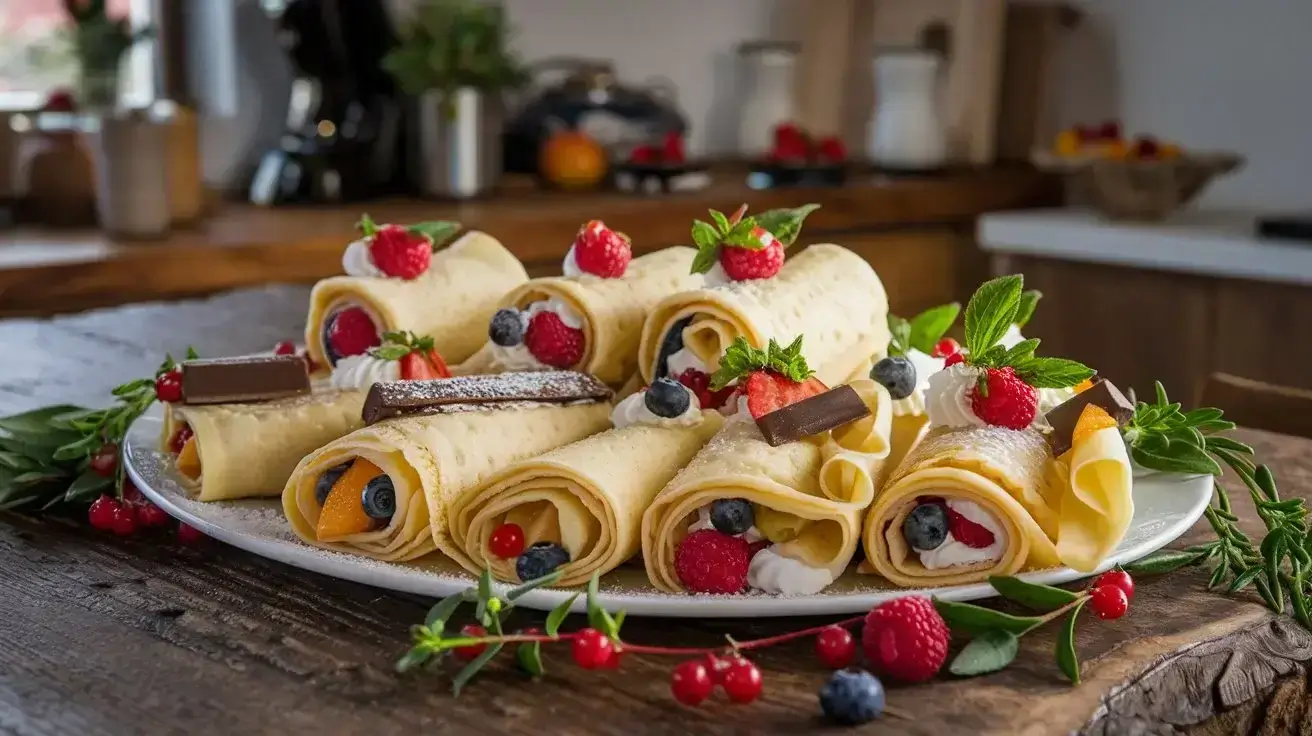 Rolled crepes with a variety of fillings and toppings.