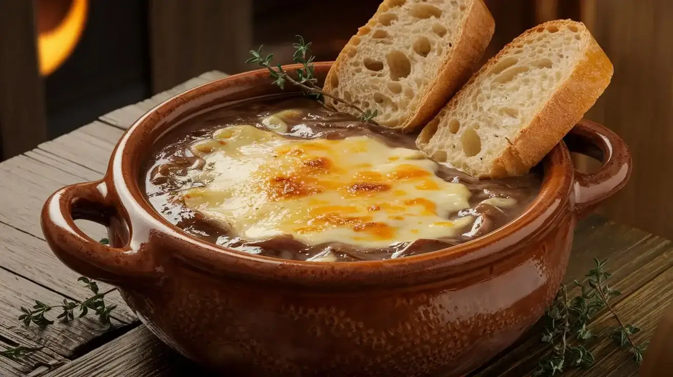 Bowl of French onion soup with melted cheese and toasted bread.