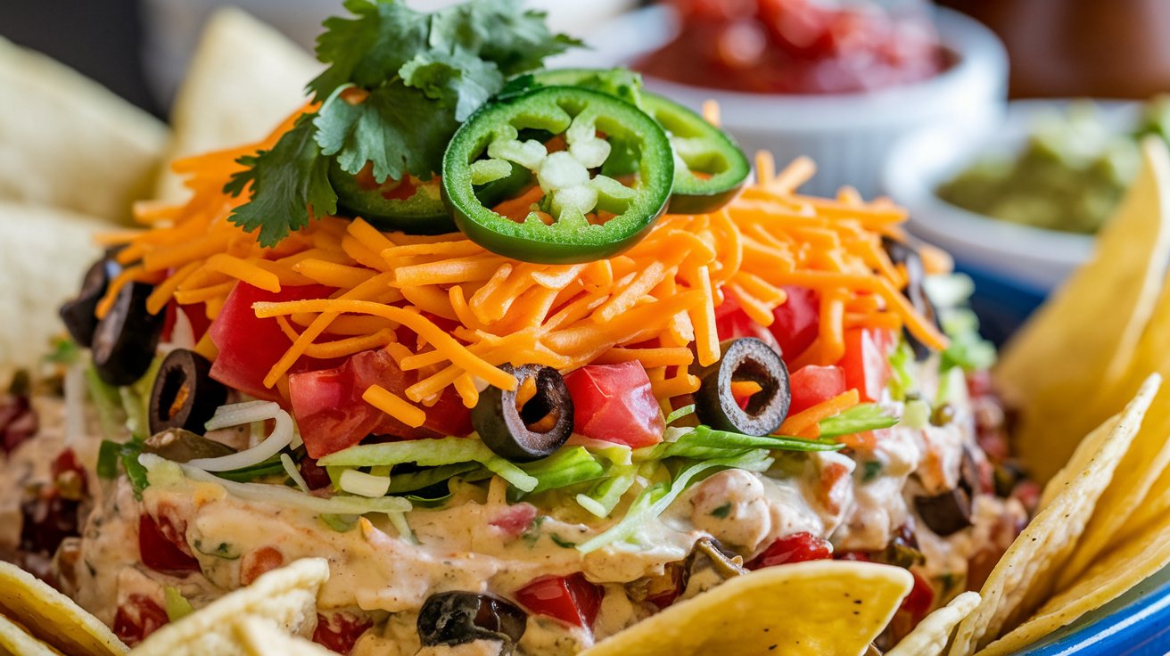 Close-up of taco dip with creamy layers, shredded cheese, tomatoes, lettuce, olives, and jalapeños, served with tortilla chips