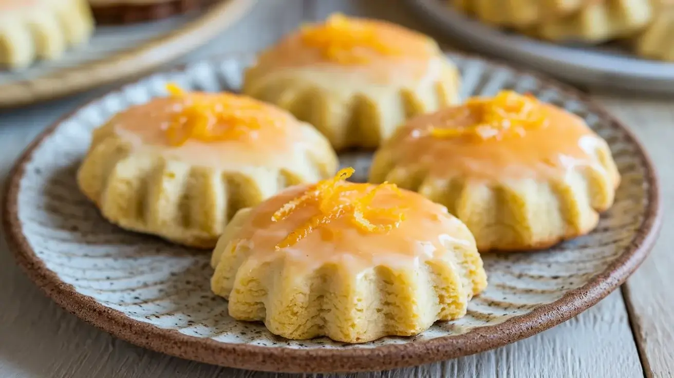 Orange Ricotta Cookies topped with orange glaze and zest, arranged on a ceramic plate with fresh orange slices nearby