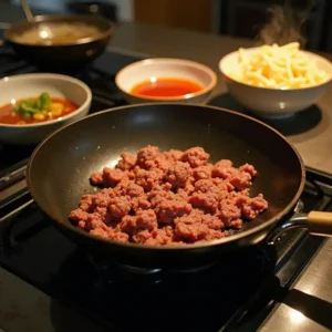 A wok with ground beef being cooked, surrounded by bowls of sauce and noodles.