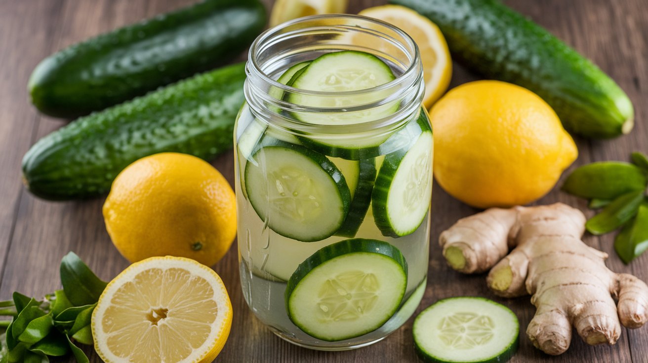 Glass pitcher and glasses filled with cucumber lemon ginger water, garnished with mint and surrounded by fresh ingredients on a rustic table