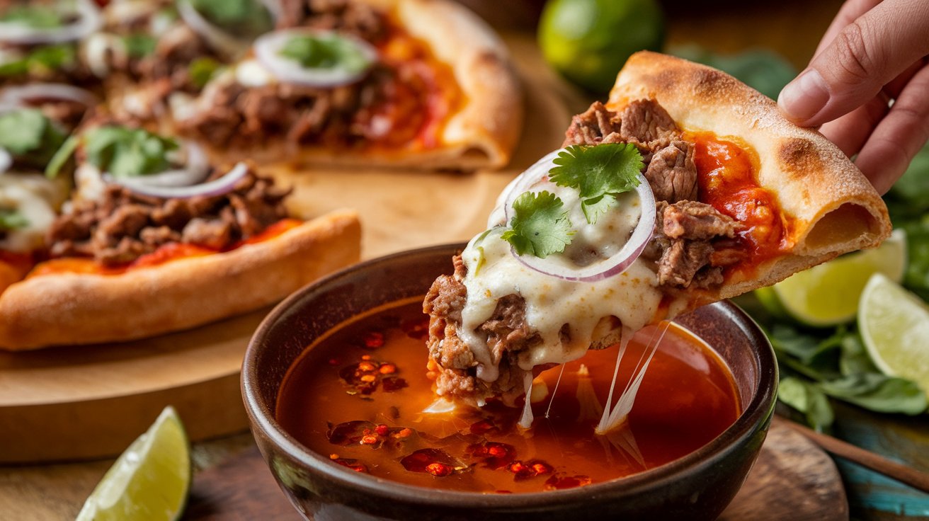 Close-up of a birria pizza slice being dipped into a bowl of consommé, showing melted cheese and beef on a golden crust.