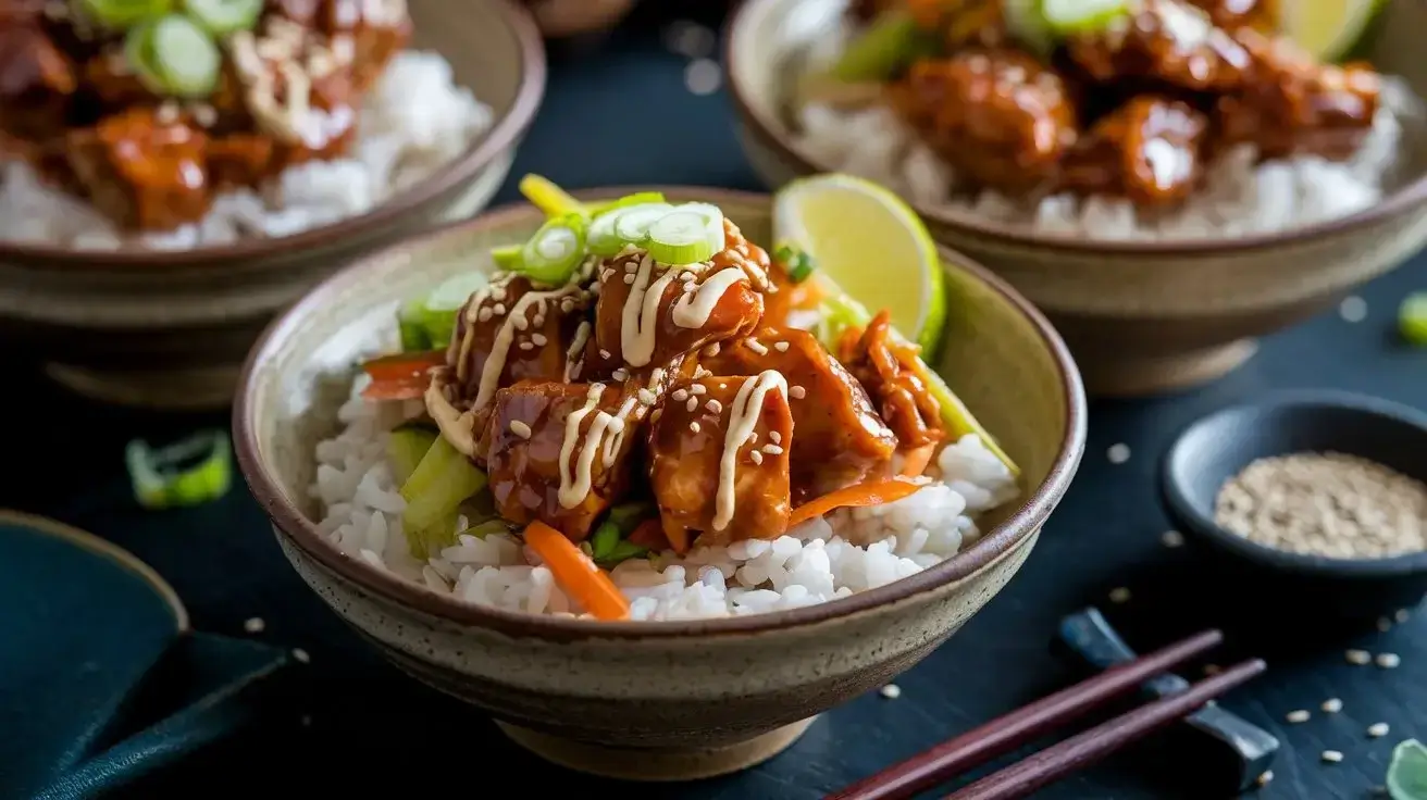 A ceramic bowl of Sticky Chicken Rice Bowls garnished with green onions, sesame seeds, and lime wedges on a dark wooden table.