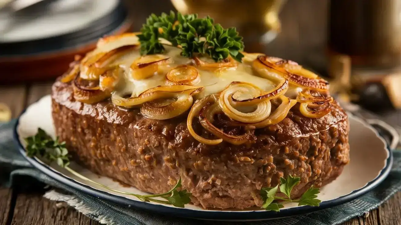 A freshly baked French Onion Meatloaf garnished with herbs and melted cheese.