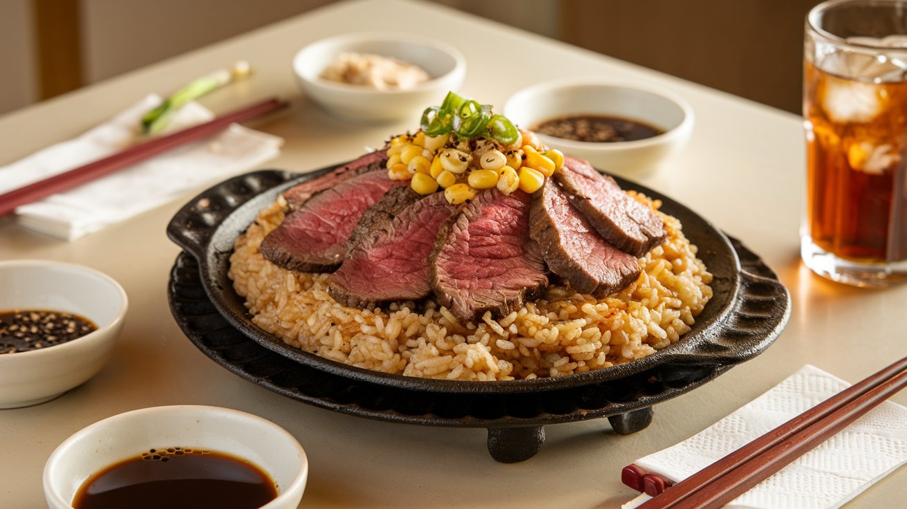 Sizzling plate of beef pepper rice with sliced beef, corn, and black pepper, served with sauces on a minimalist table.