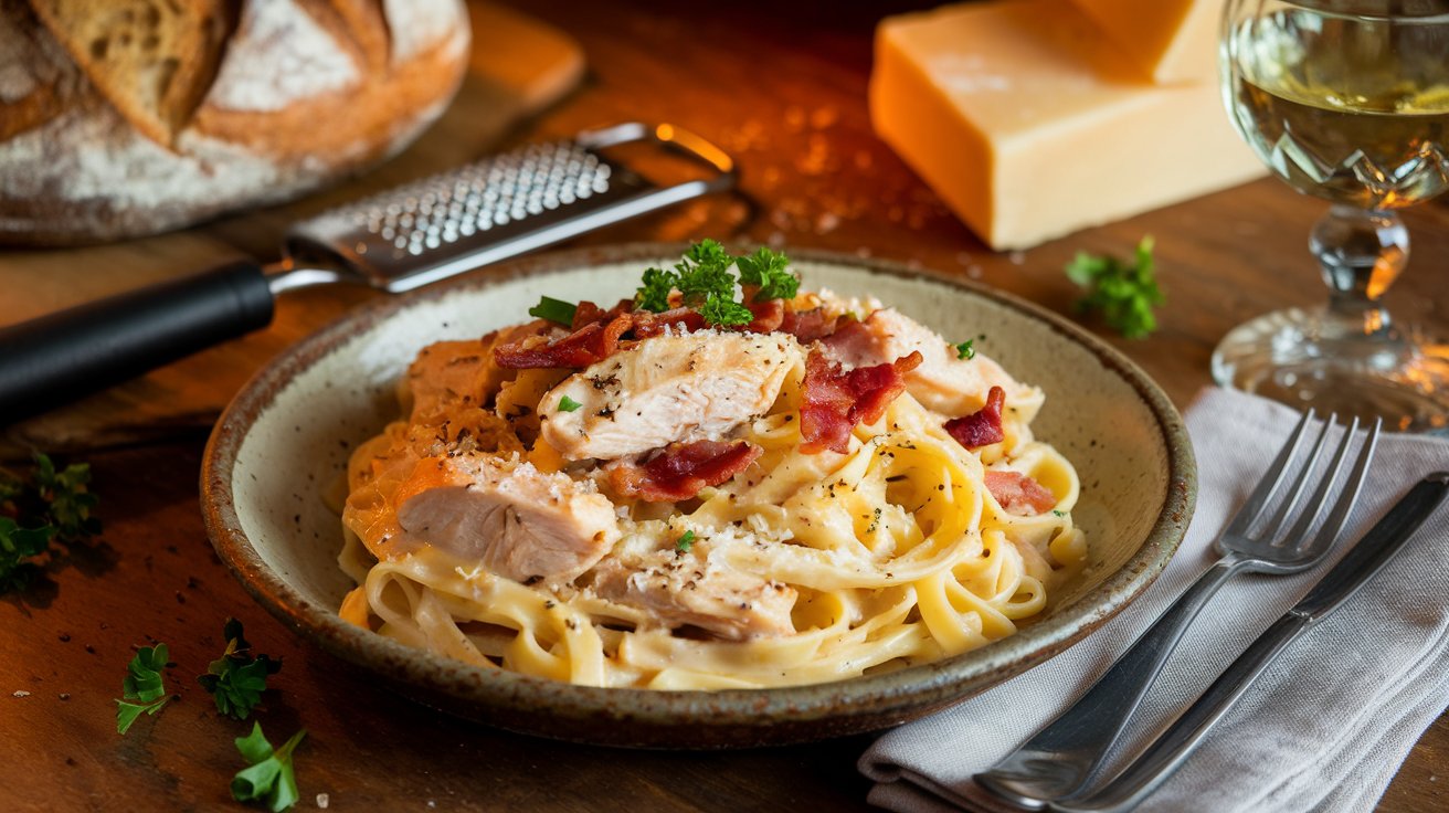 Chicken carbonara on a ceramic plate with creamy sauce, chicken pieces, bacon, and Parmesan, garnished with parsley.